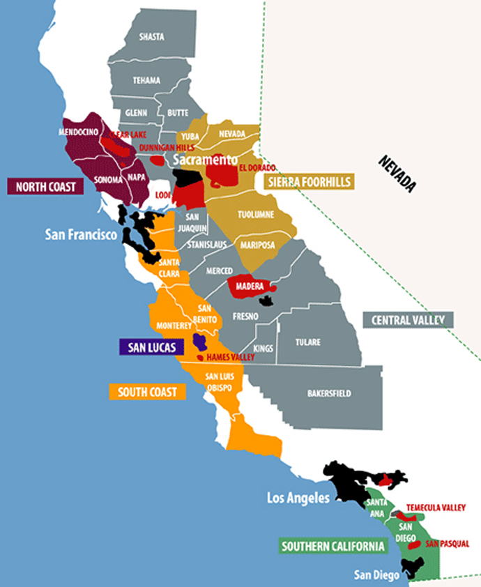 Mapa vinícola da Califórnia