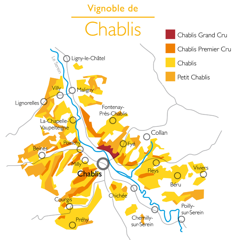 Mapa dos vinhedos de Chablis