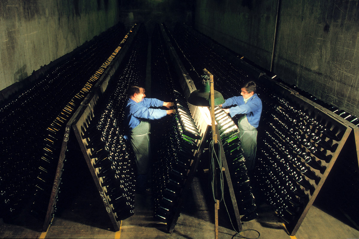 Operação de Rémuage das garrafas nas pupitres (foto Rohrscheid - Comité Champagne)