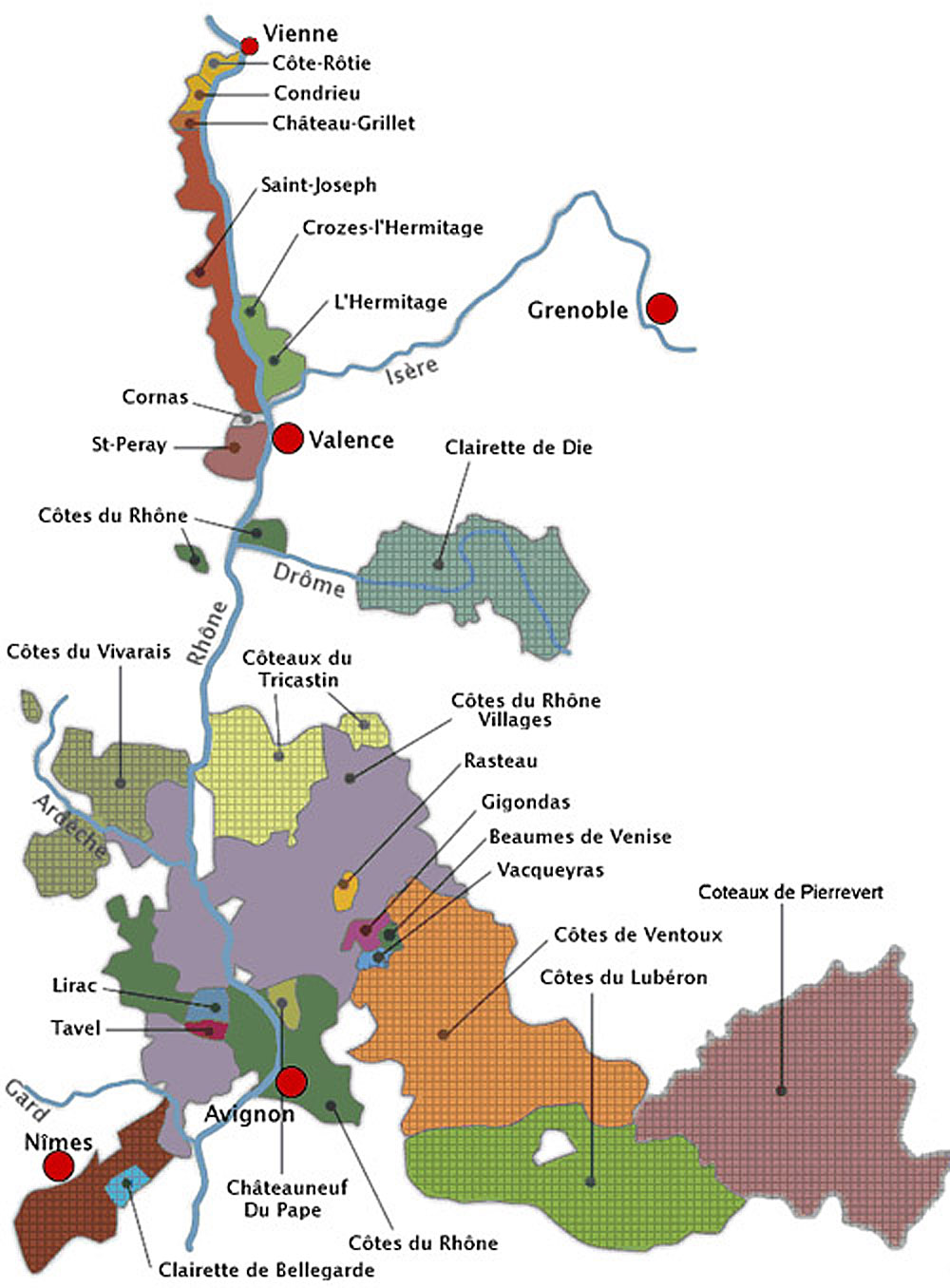 Mapa vinícola da Côtes du Rhône