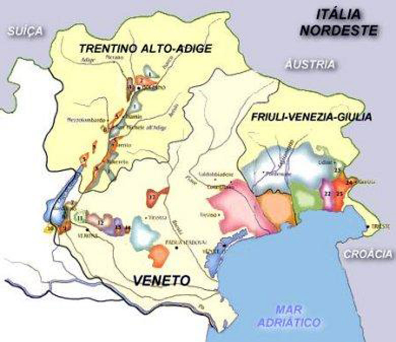 Mapa vinícola do Nordeste da Itália