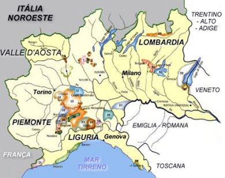 Mapa vinícola do Noroeste da Itália