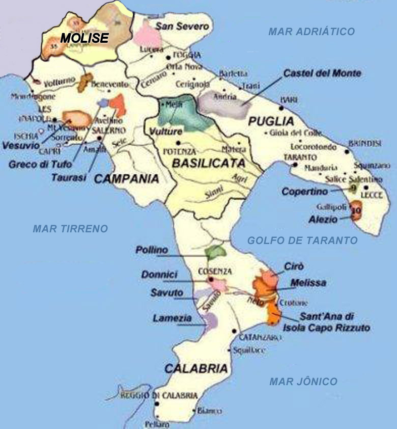 Mapa vinícola do Sul da Itália