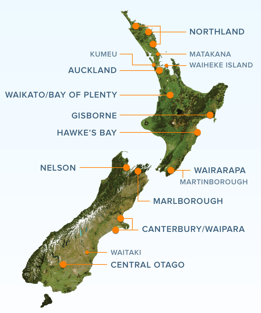 Mapa vinícola da Nova Zelândia (New Zealand Wine)