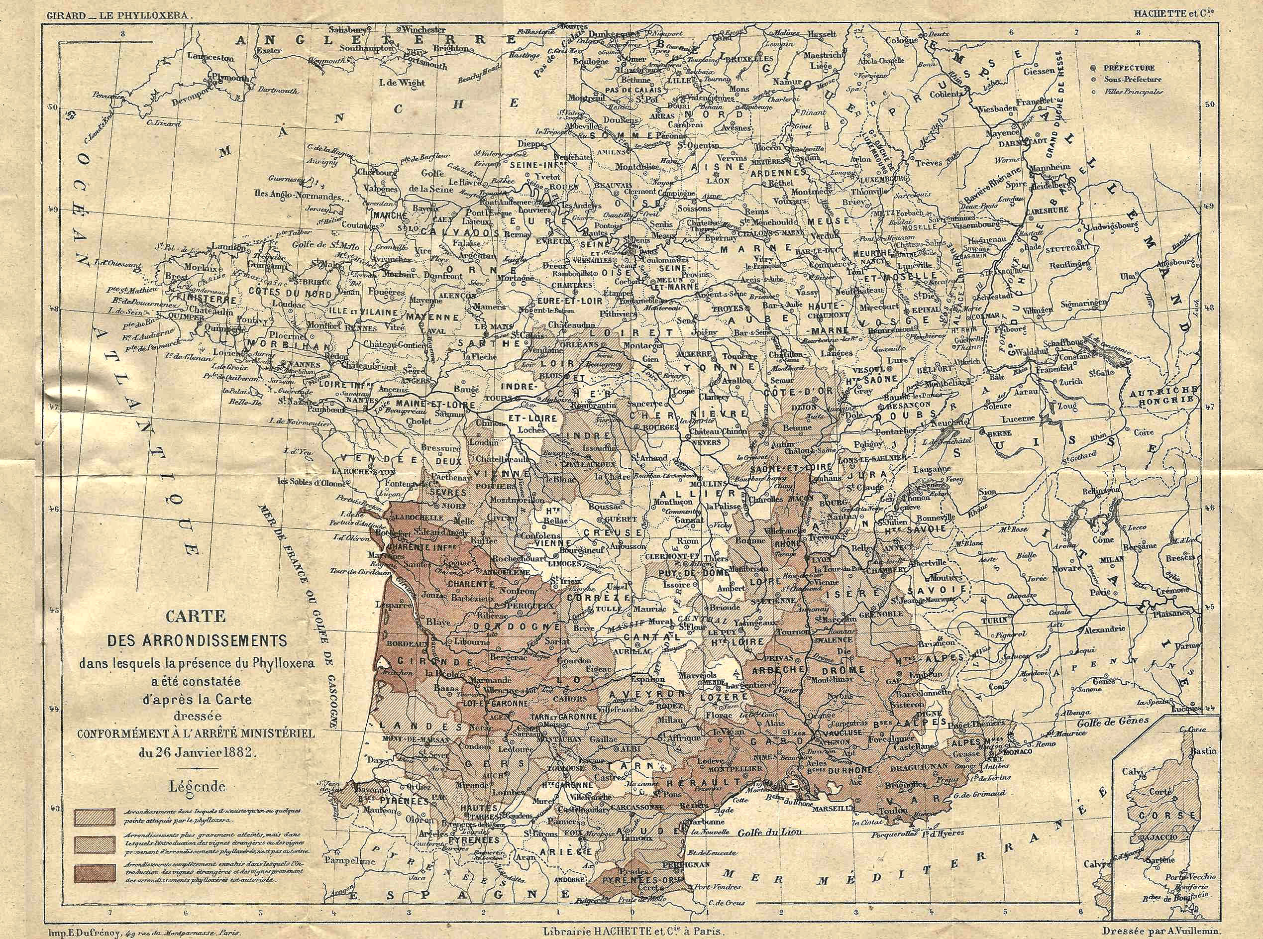 Mapa da França mostrando as regiões atacadas pela Filoxera