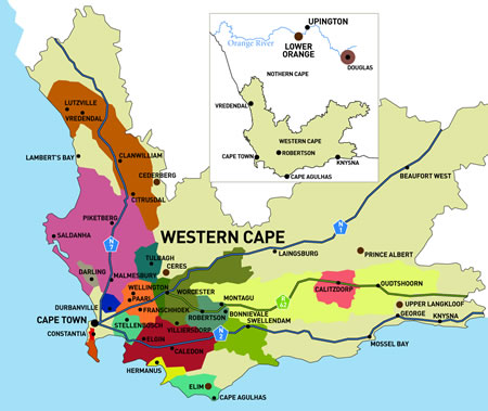 Mapa vinícola da África do Sul