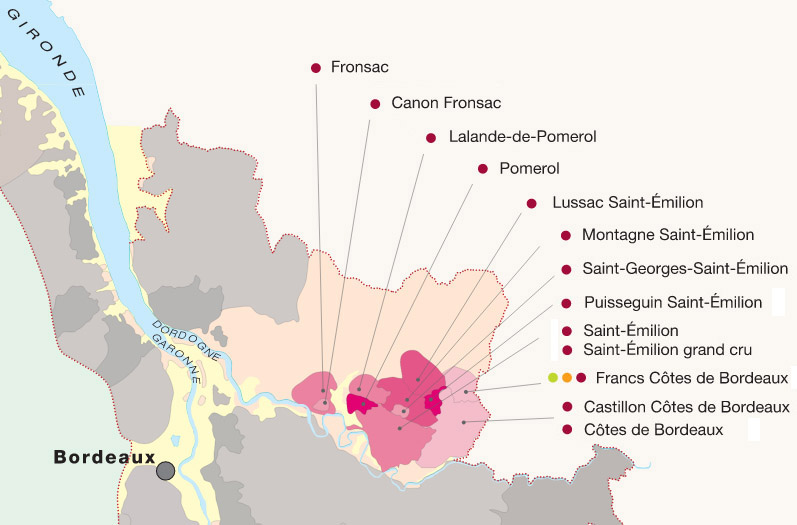 Mapa vinícola de Libournais (Saint-Emilion  / Fronsac  / Pomerol)